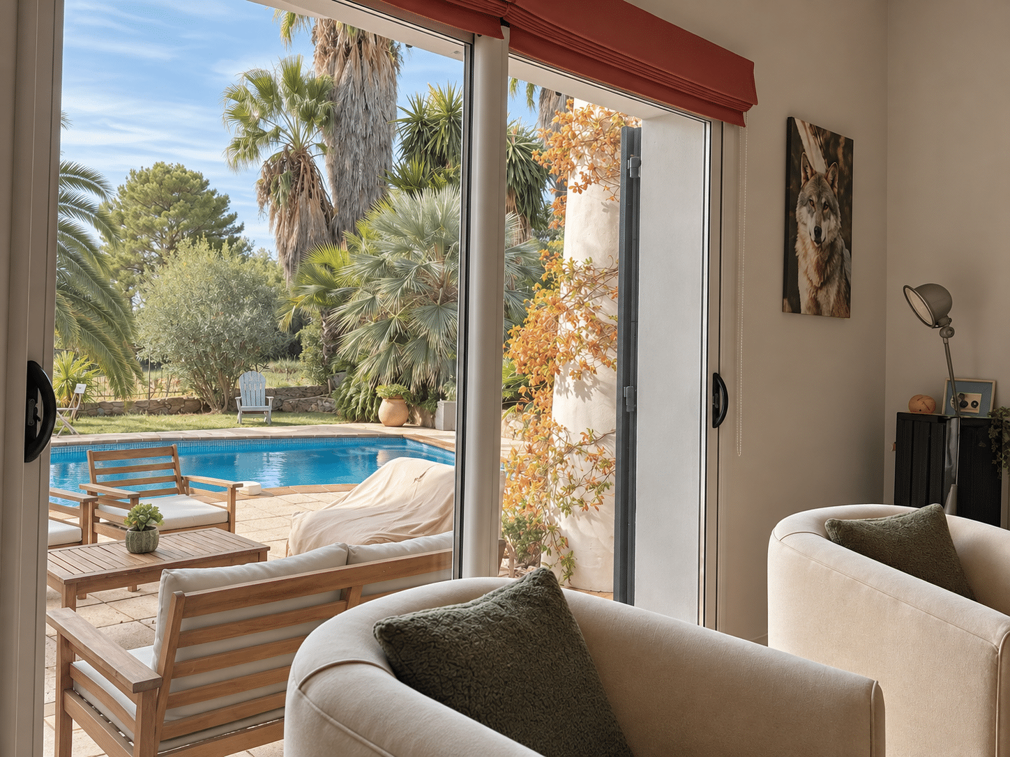 Villa d'architecte à vendre au Castellet : séjour ouvert sur la piscine · Maison & Vous