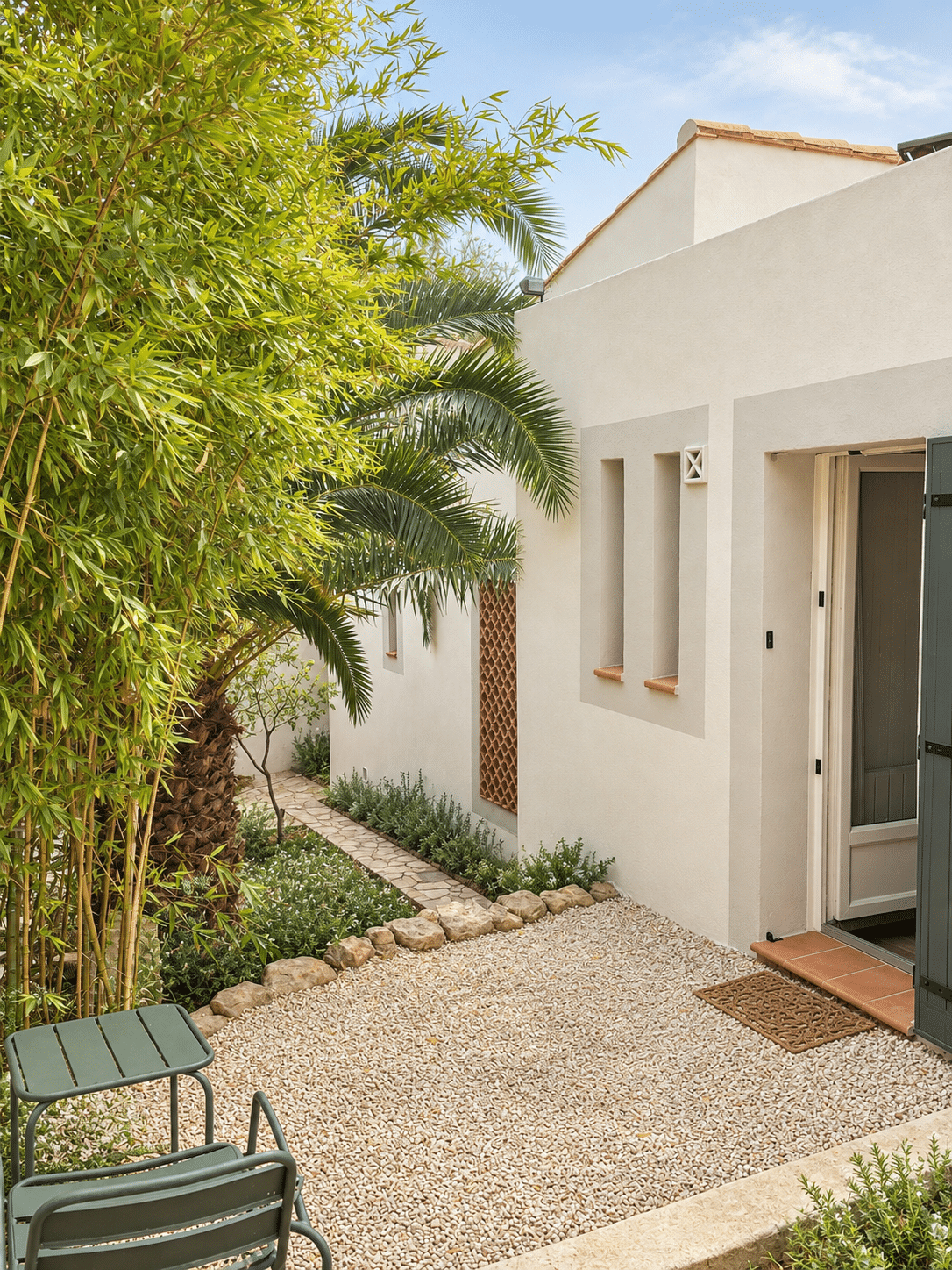 Villa d'architecte à vendre au Castellet : entrée latérale et bambous · Maison & Vous