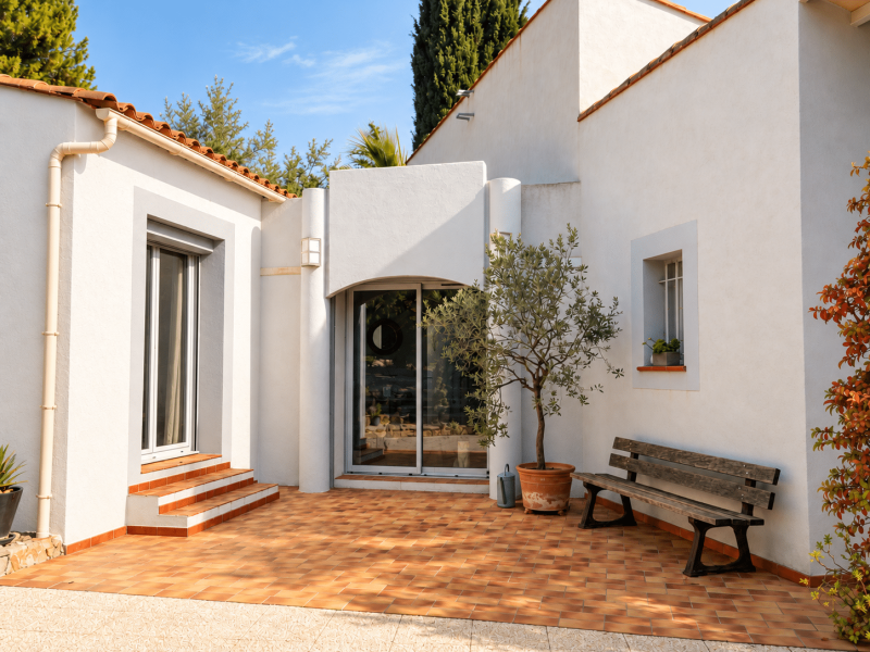 Entrée de la villa d'architecte au Castellet : façade blanche, terrasse en tomettes et olivier en pot